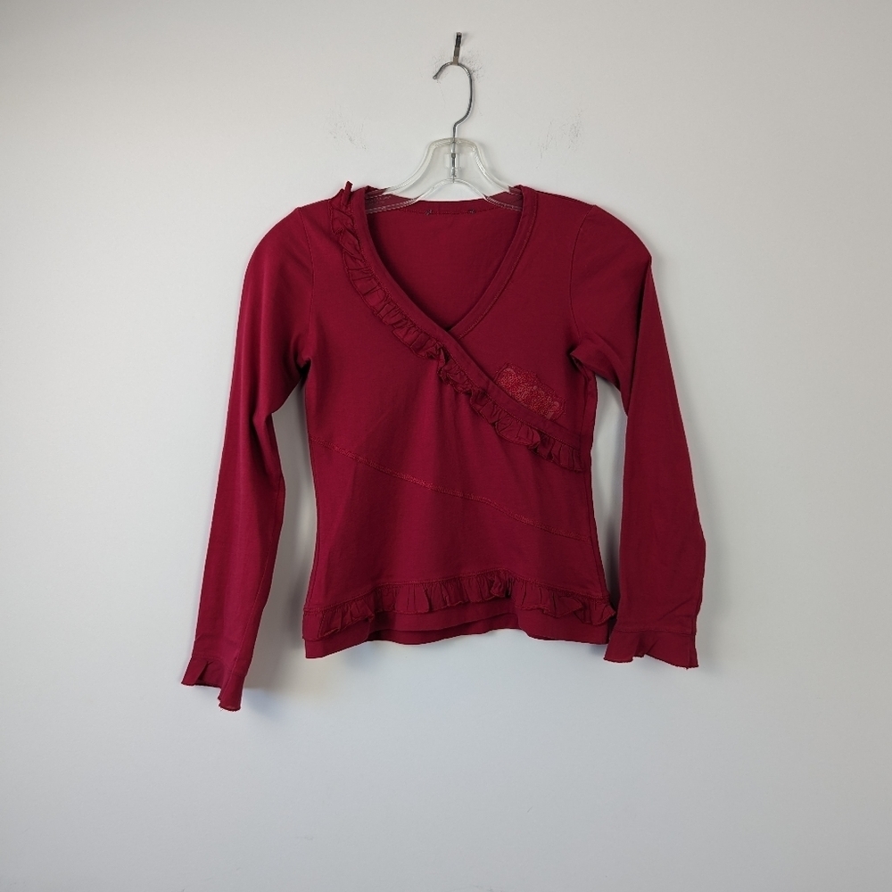 Women's Burgundy Ruffle Trim Top with Lace Detail Approx Size XS